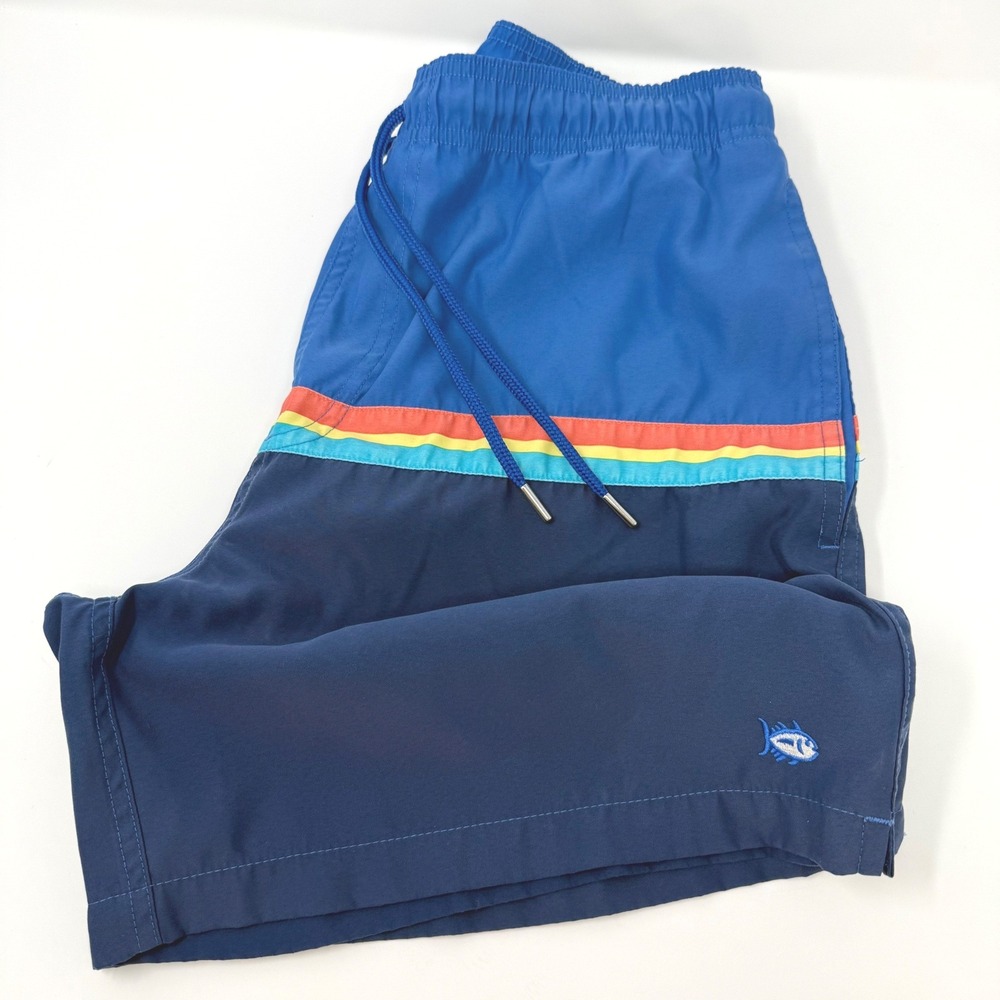Southern Tide Mens Small Blue Rainbow Stripe Skipjack Mesh Lined Swim Trunks‎